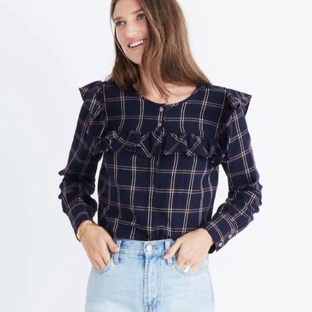 Madewell Plaid Ruffle-Yoke Top